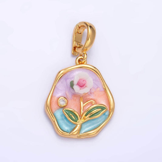 Cz enamel pastel colors stamped flower 24k gold filled snap latch bail pendant | aa-1020