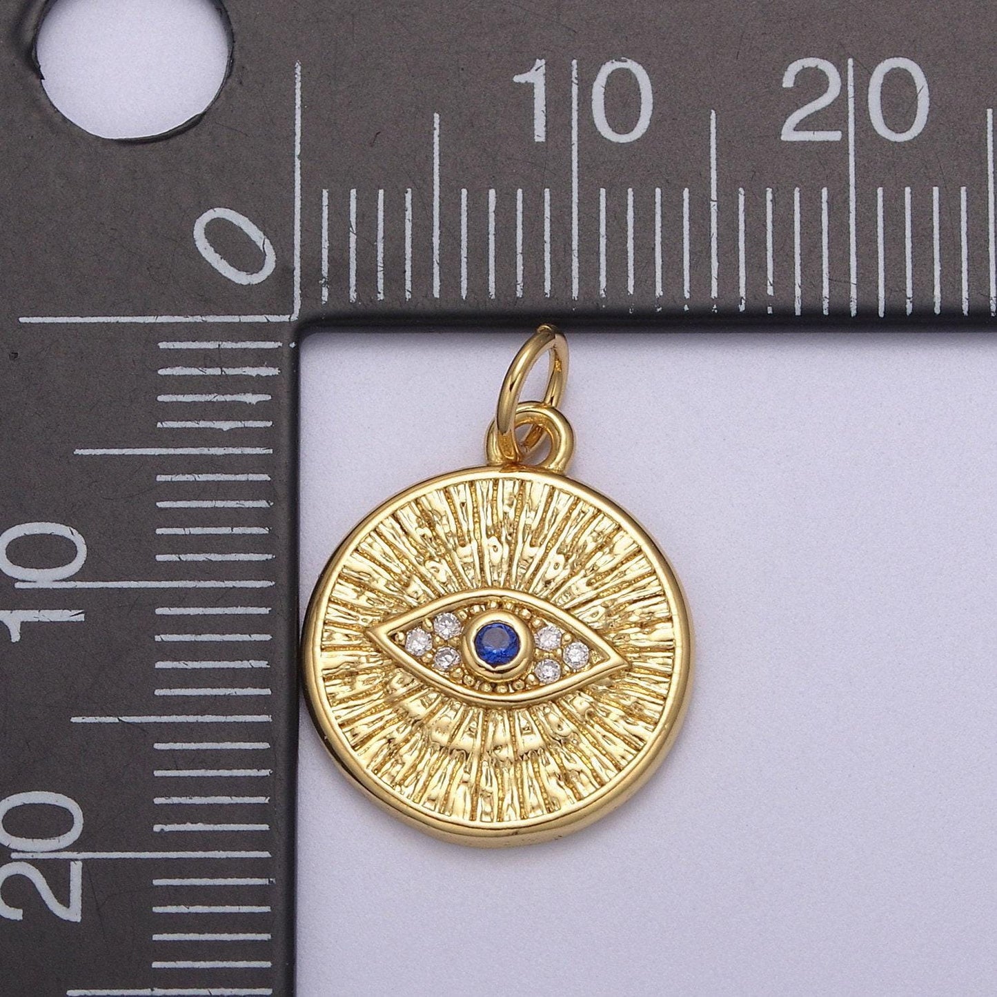 Micro pave blue cz sunburst evil eye charm round disc charm gold filled diy for necklace earring bracelet component, n-865