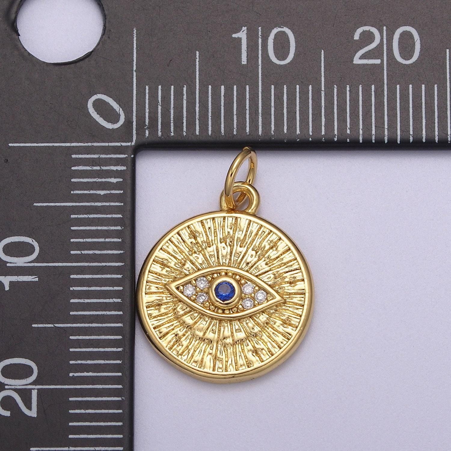 Micro pave blue cz sunburst evil eye charm round disc charm gold filled diy for necklace earring bracelet component, n-865