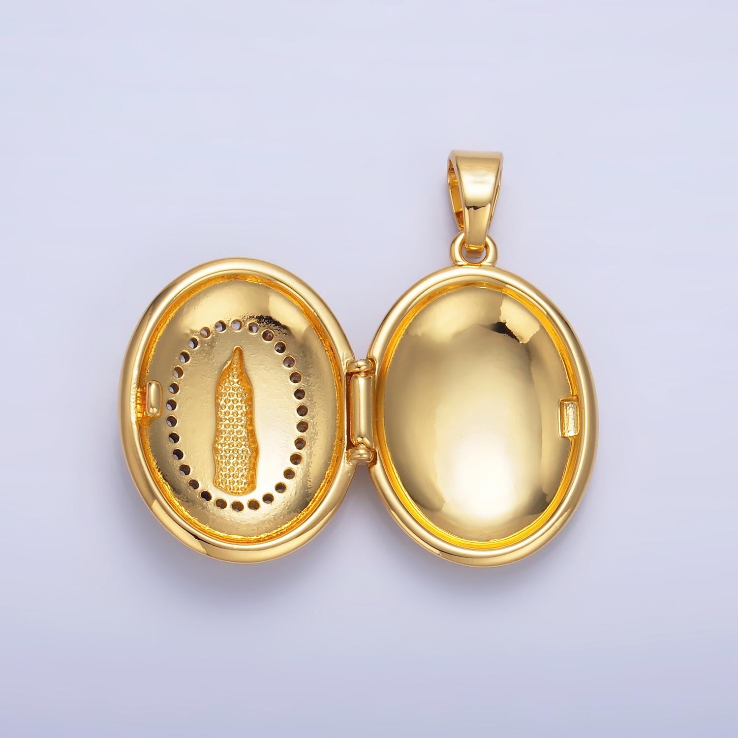 24k gold filled Our Lady of Guadalupe oval locket micro pave cz pendant, openable Virgin Mary Charm for Religious Jewelry Making AA-1086