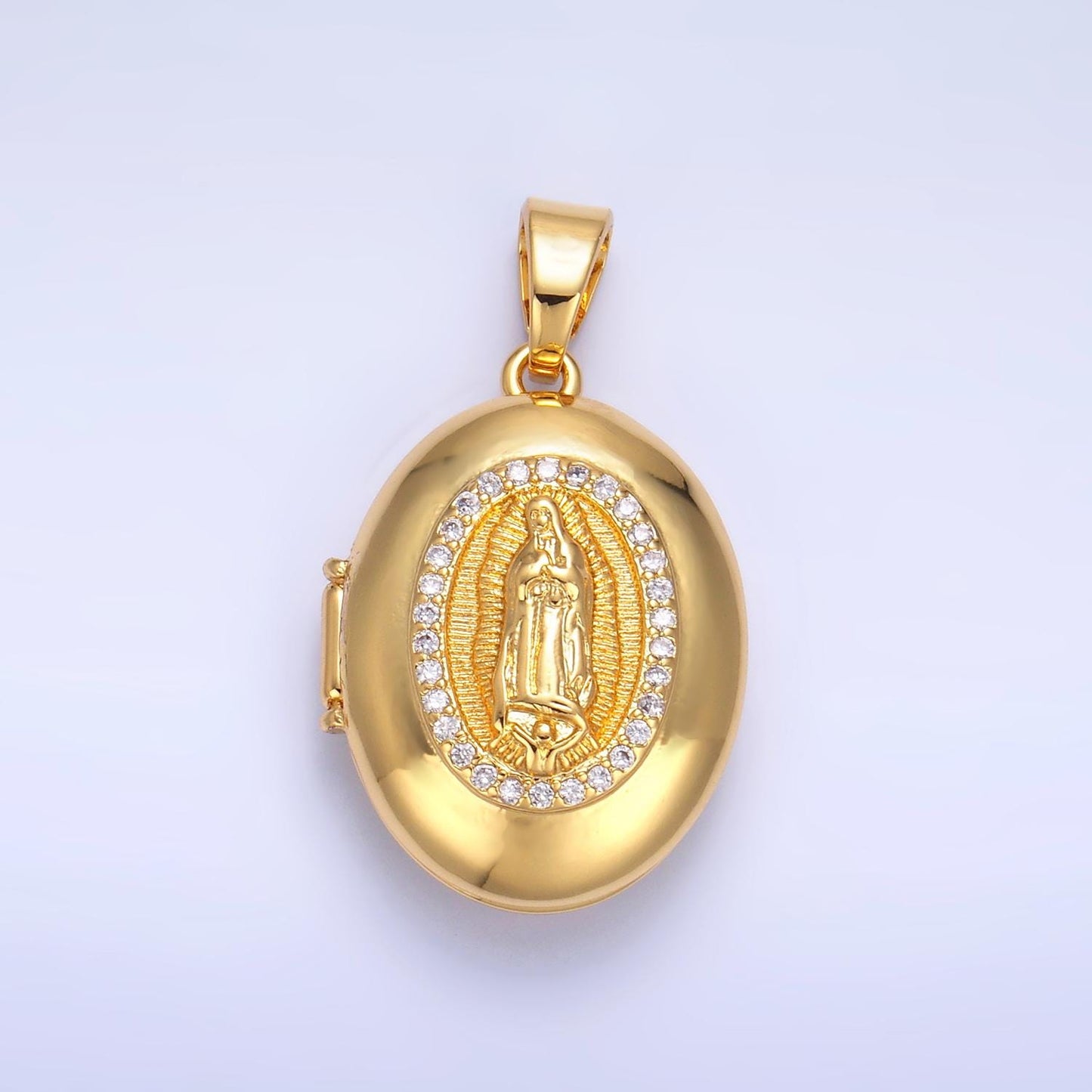 24k gold filled Our Lady of Guadalupe oval locket micro pave cz pendant, openable Virgin Mary Charm for Religious Jewelry Making AA-1086