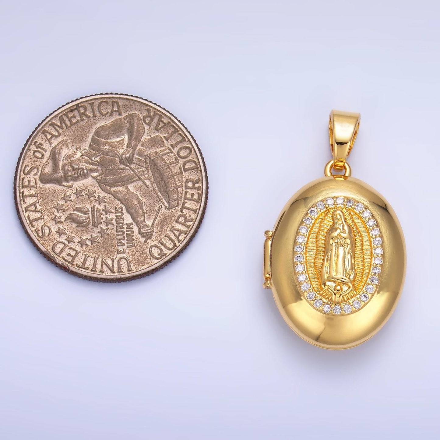 24k gold filled Our Lady of Guadalupe oval locket micro pave cz pendant, openable Virgin Mary Charm for Religious Jewelry Making AA-1086