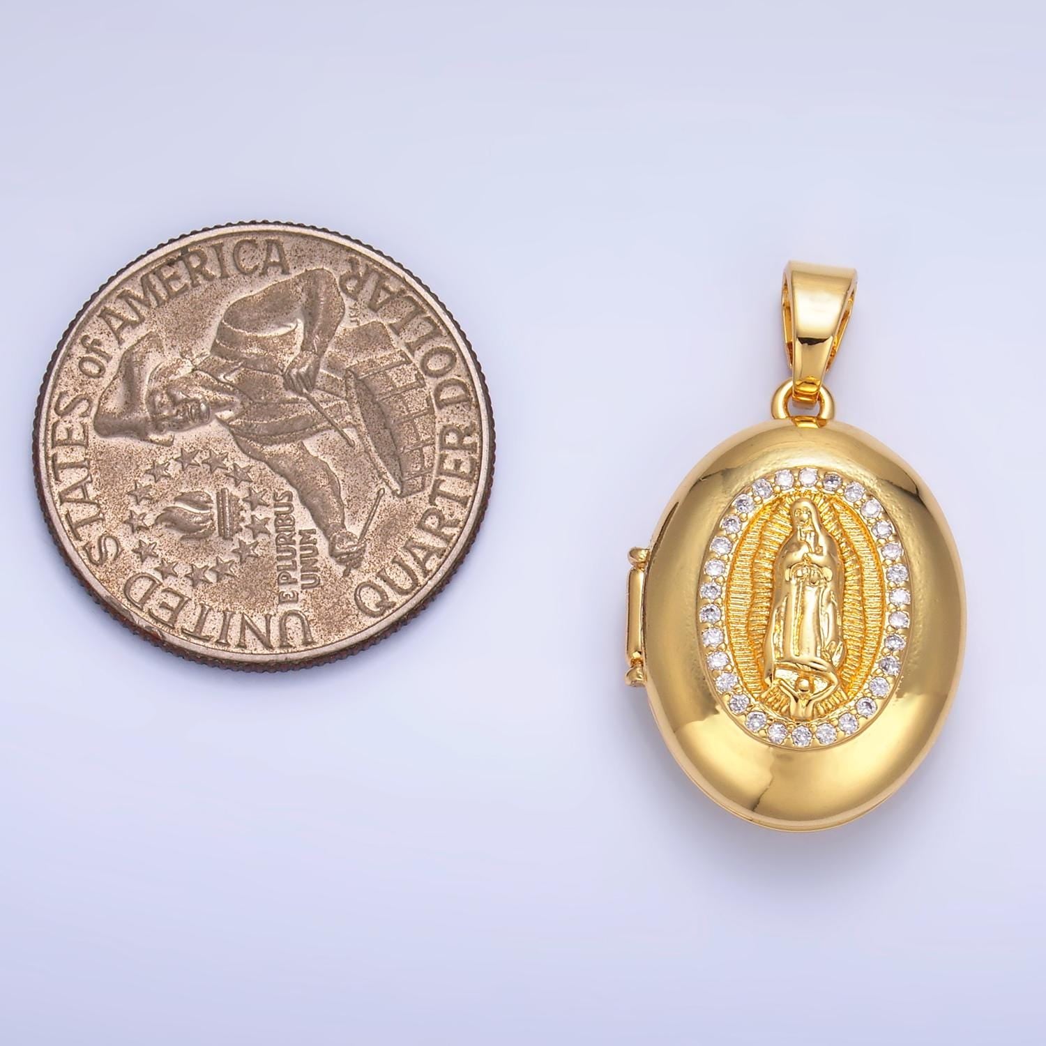24k gold filled Our Lady of Guadalupe oval locket micro pave cz pendant, openable Virgin Mary Charm for Religious Jewelry Making AA-1086