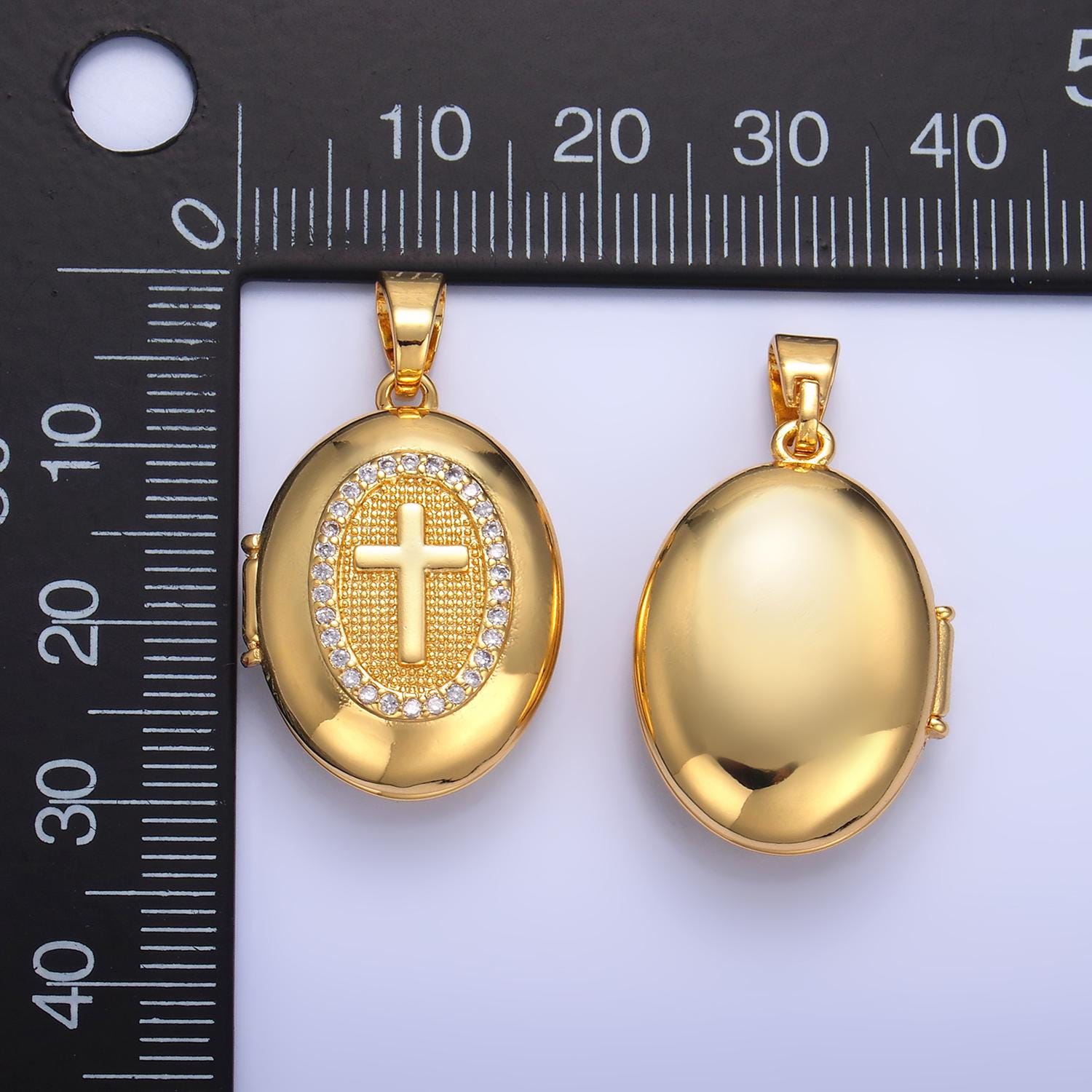 24k gold filled Cross Design oval locket micro pave cz pendant, openable Cross Charm for Religious Jewelry Making AA-1087