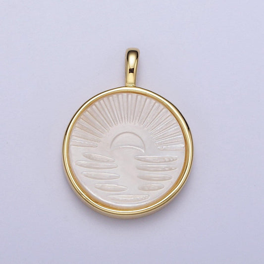 White pearl sunrise pendant gold filled sunset charm necklace, sunburst sun disc pendant for necklace bracelet component h-321