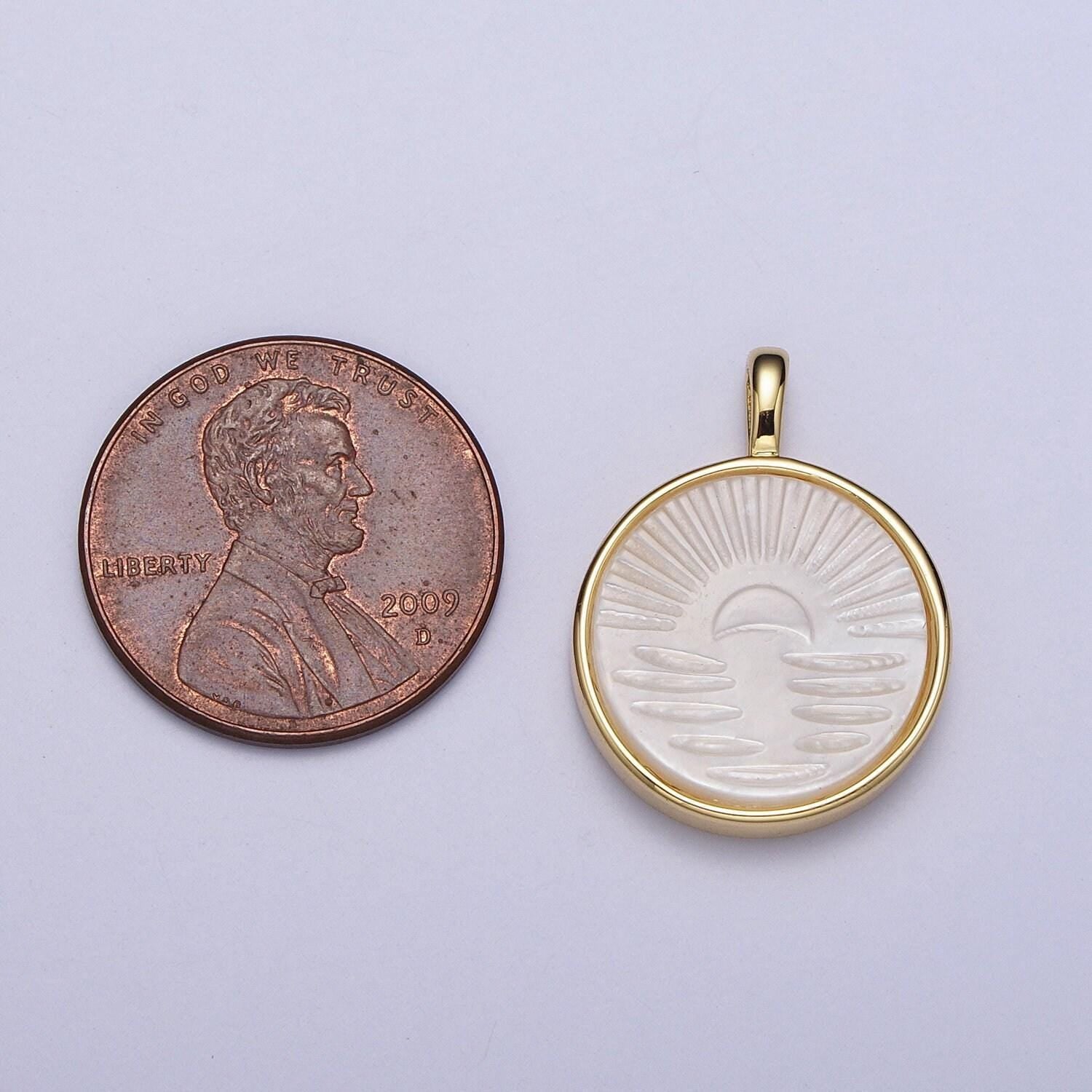 White pearl sunrise pendant gold filled sunset charm necklace, sunburst sun disc pendant for necklace bracelet component h-321