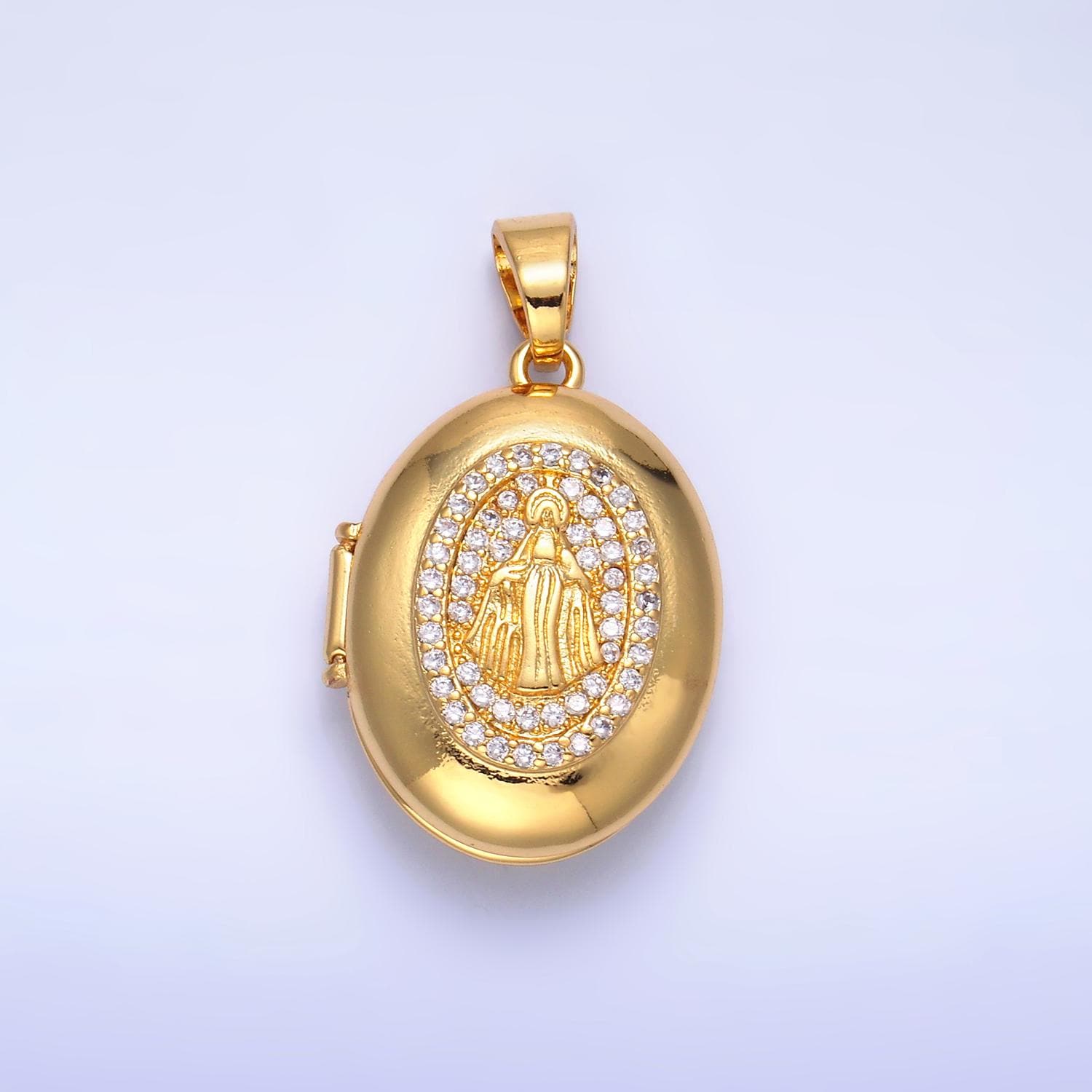 24k gold filled Miraculous Lady Design oval locket micro pave cz pendant, openable Virgin Mary Charm for Religious Jewelry Making AA-1088