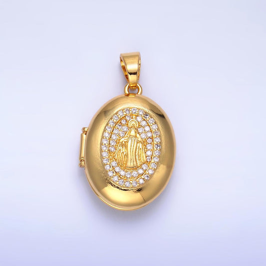 24k gold filled Miraculous Lady Design oval locket micro pave cz pendant, openable Virgin Mary Charm for Religious Jewelry Making AA-1088