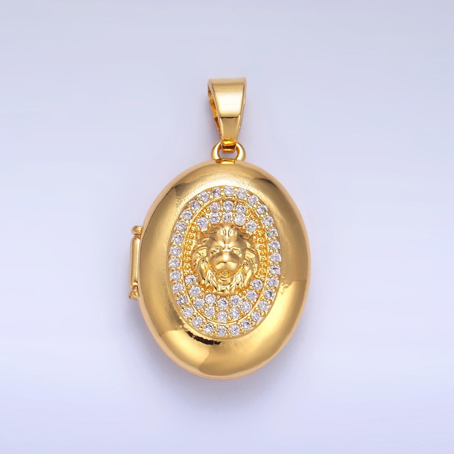 24k gold filled Lion oval locket micro pave cz pendant, openable Wild Animal Charm for Religious Jewelry Making AA-868