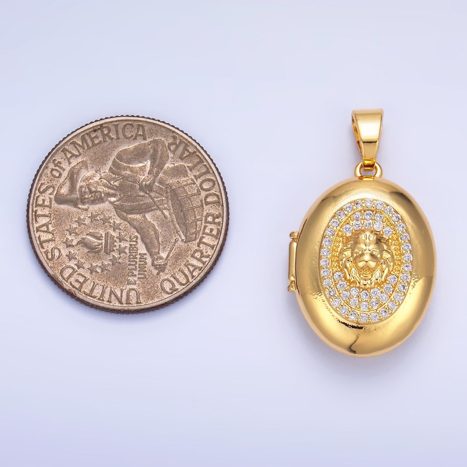24k gold filled Lion oval locket micro pave cz pendant, openable Wild Animal Charm for Religious Jewelry Making AA-868