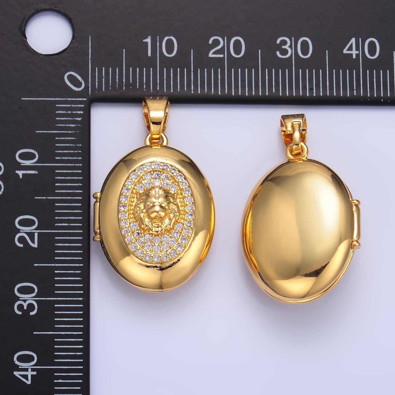 24k gold filled Lion oval locket micro pave cz pendant, openable Wild Animal Charm for Religious Jewelry Making AA-868