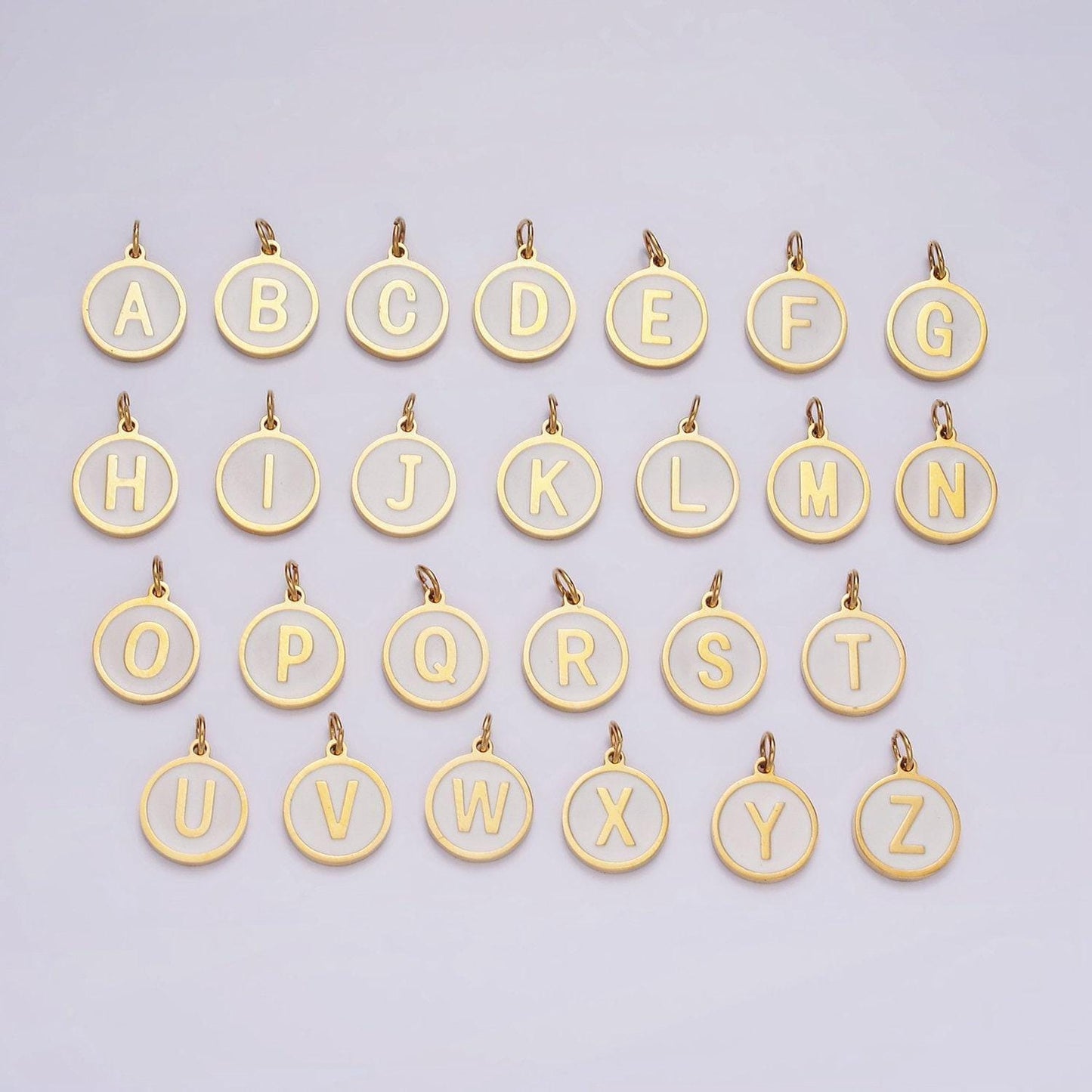 Dainty pearl letter charm gold coin alphabet charm, shell letter pendant personalized letters initial charm stainless steel tarnish free