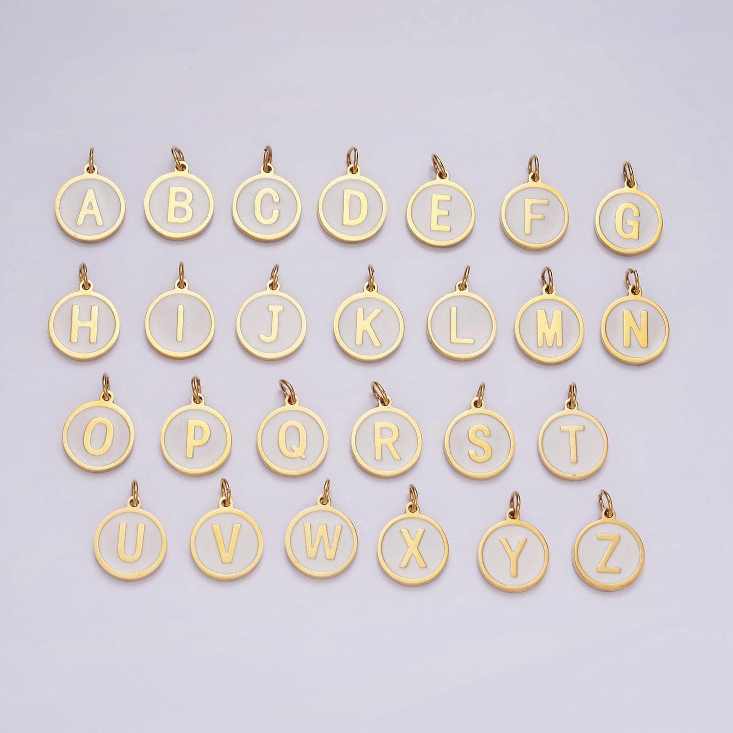 Dainty pearl letter charm gold coin alphabet charm, shell letter pendant personalized letters initial charm stainless steel tarnish free