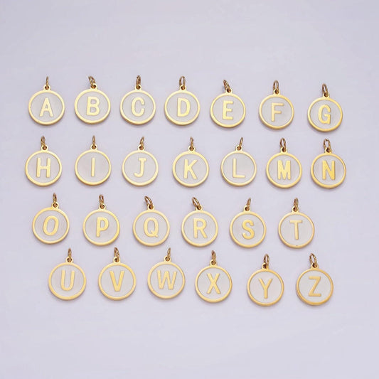 Dainty pearl letter charm gold coin alphabet charm, shell letter pendant personalized letters initial charm stainless steel tarnish free