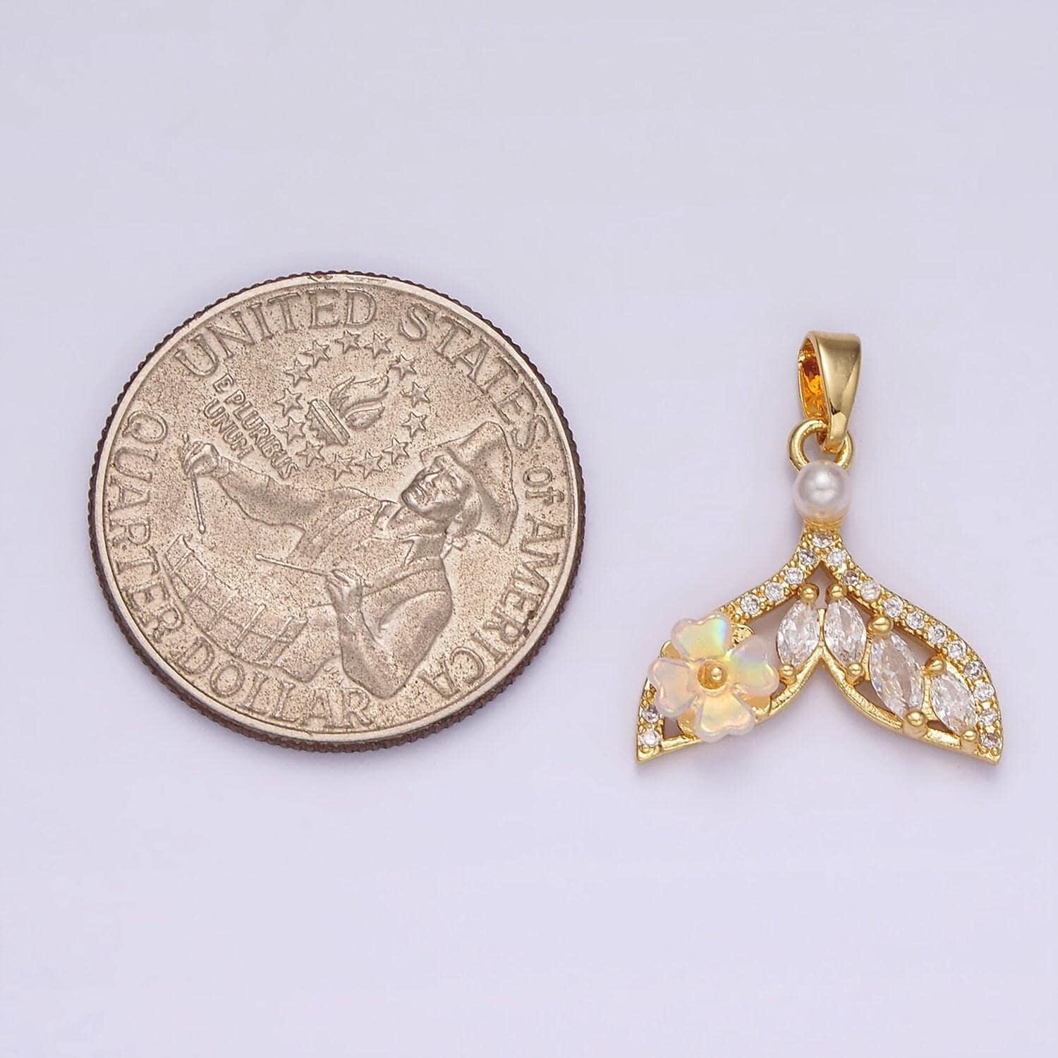 14k gold filled iridescent flower marquise micro paved cz whale tail pearl mermaid tail charm pendant mermaid inspired | n1823