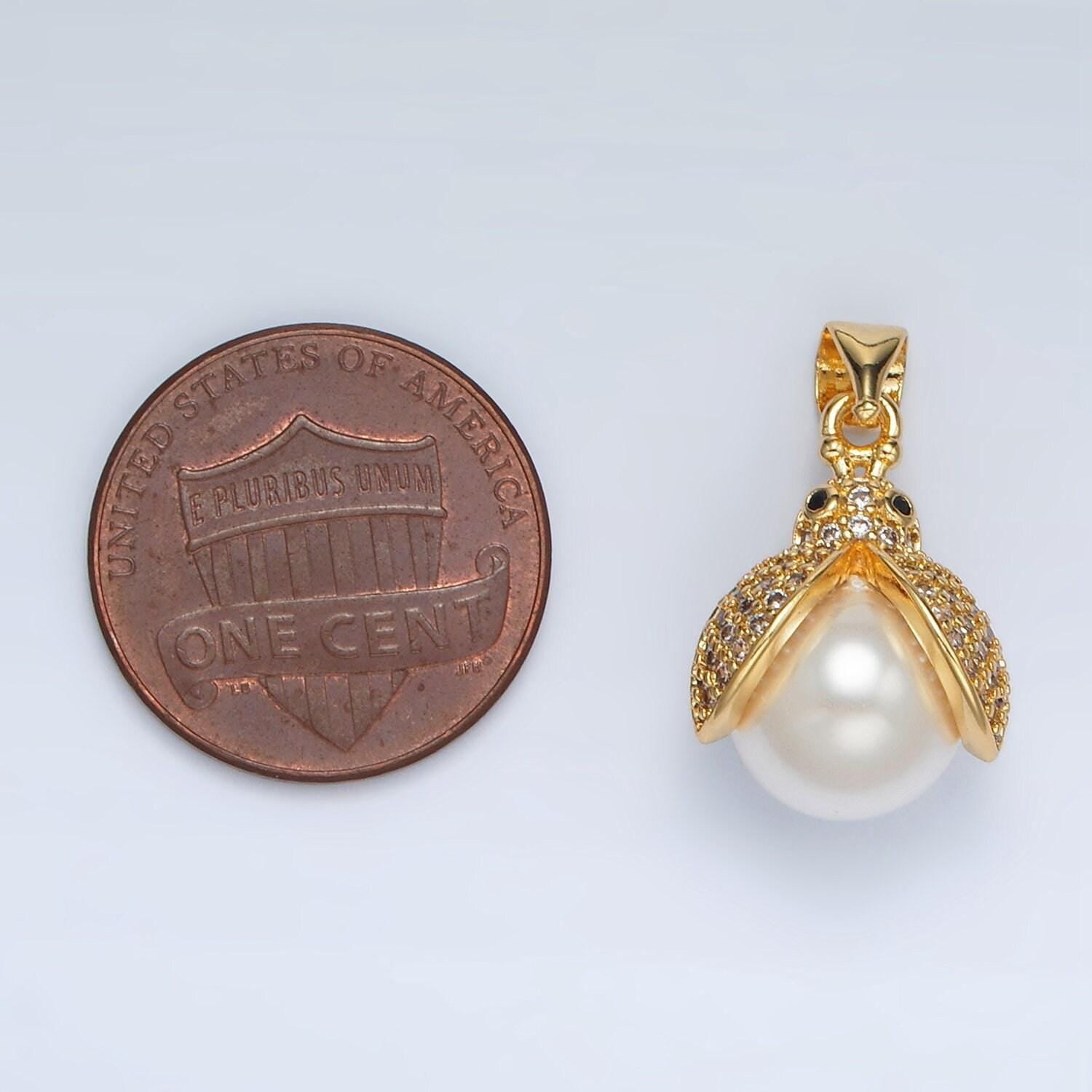 Gold filled open winged ladybug cz paved pearl pendant | ah-187