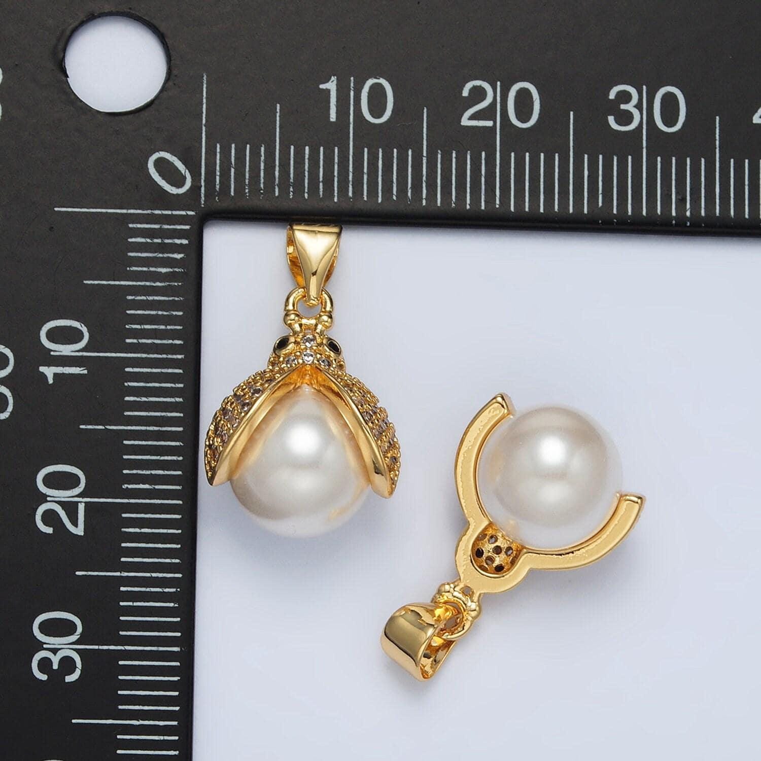 Gold filled open winged ladybug cz paved pearl pendant | ah-187