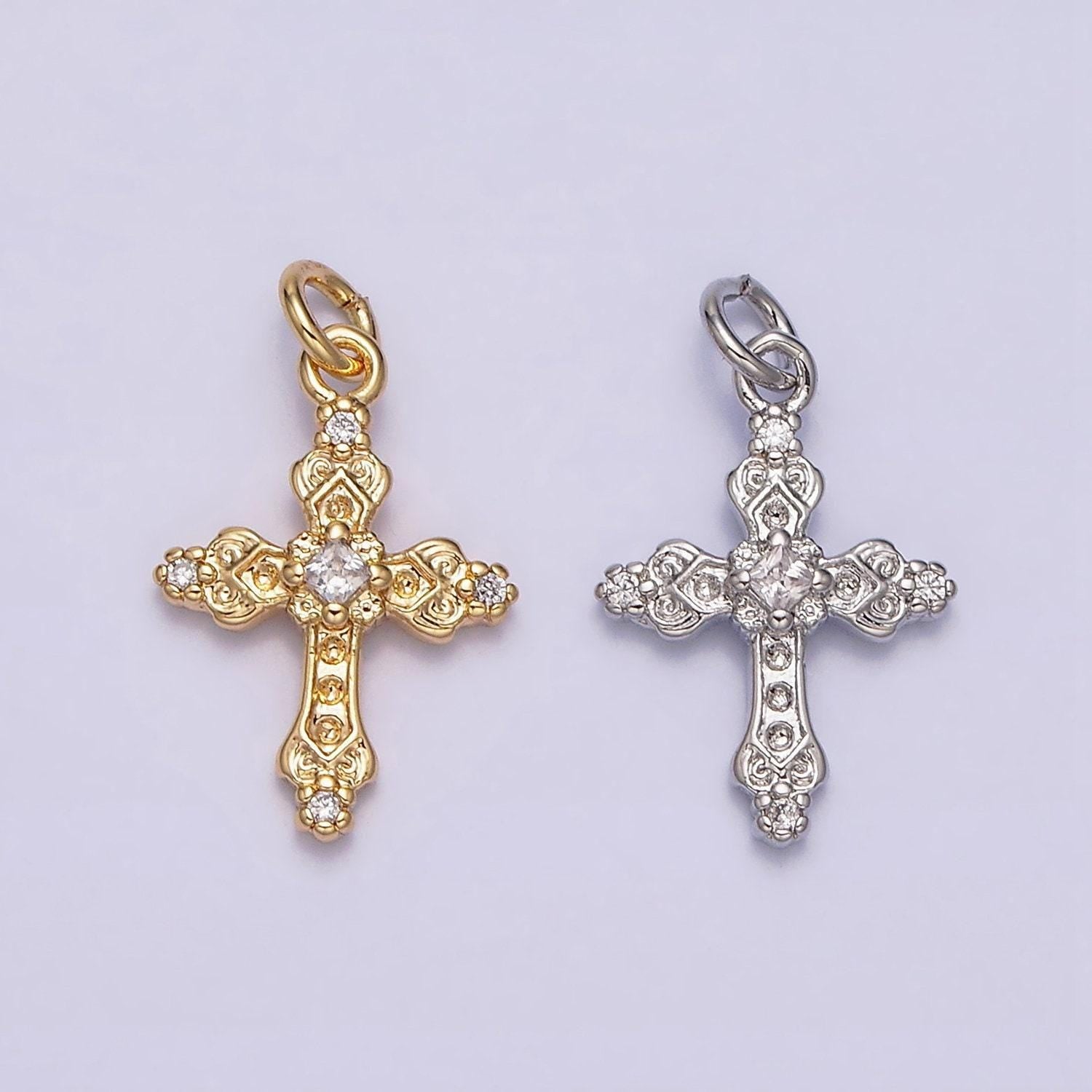 16k gold filled artisan textured religious cross charm in gold & silver micro pave cross pendant | ac1061 ac1062