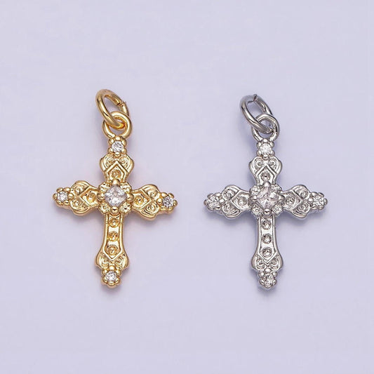16k gold filled artisan textured religious cross charm in gold & silver micro pave cross pendant | ac1061 ac1062