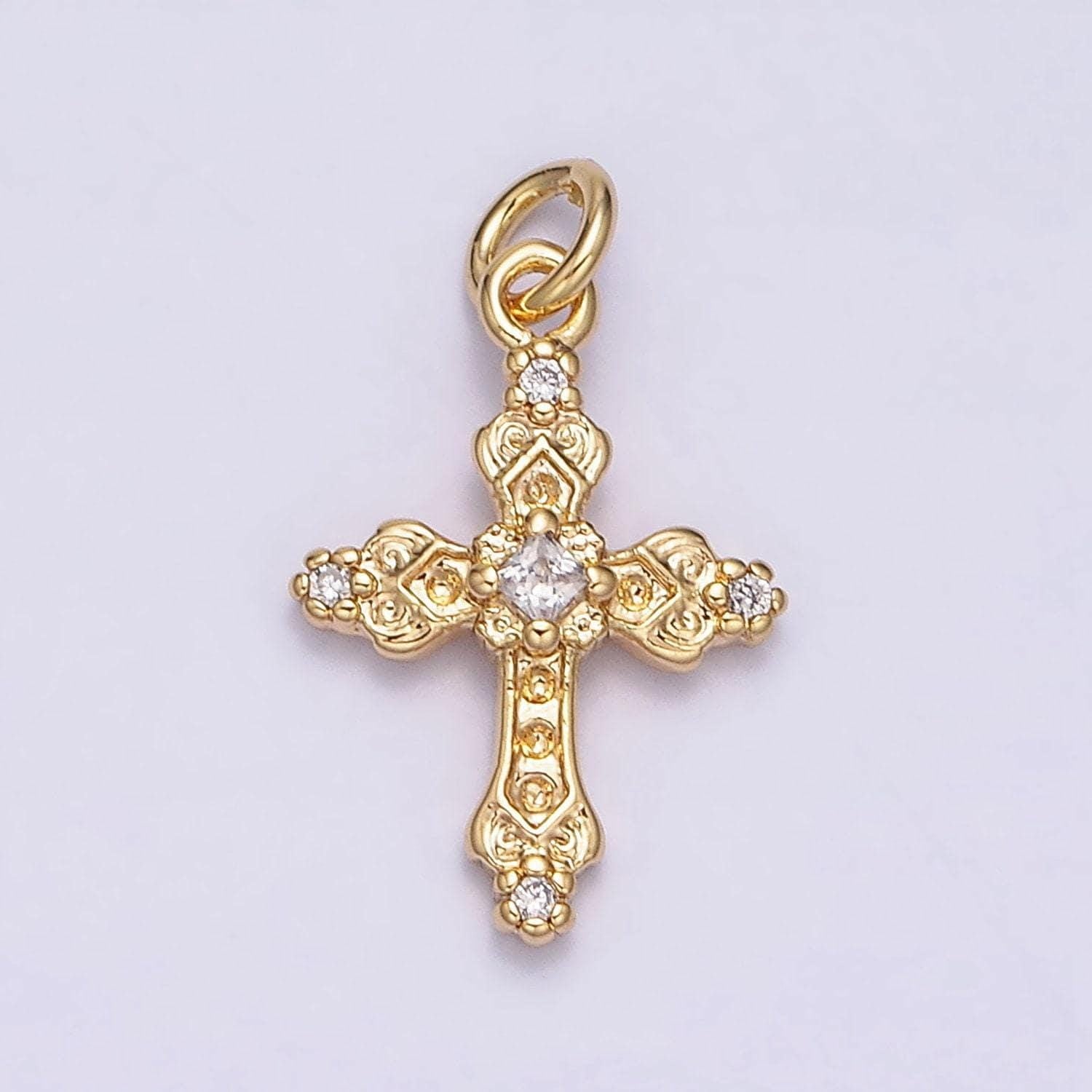 16k gold filled artisan textured religious cross charm in gold & silver micro pave cross pendant | ac1061 ac1062