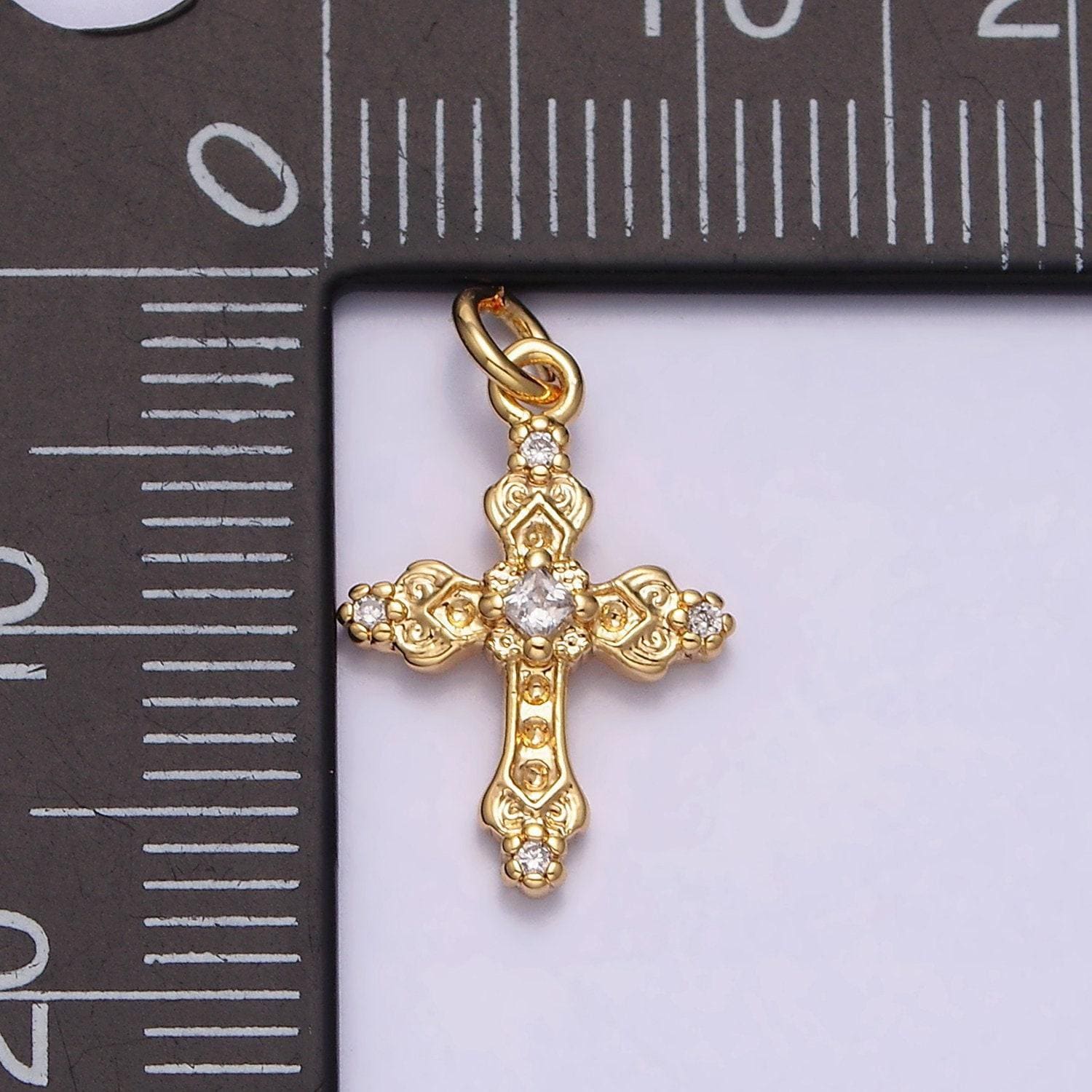 16k gold filled artisan textured religious cross charm in gold & silver micro pave cross pendant | ac1061 ac1062