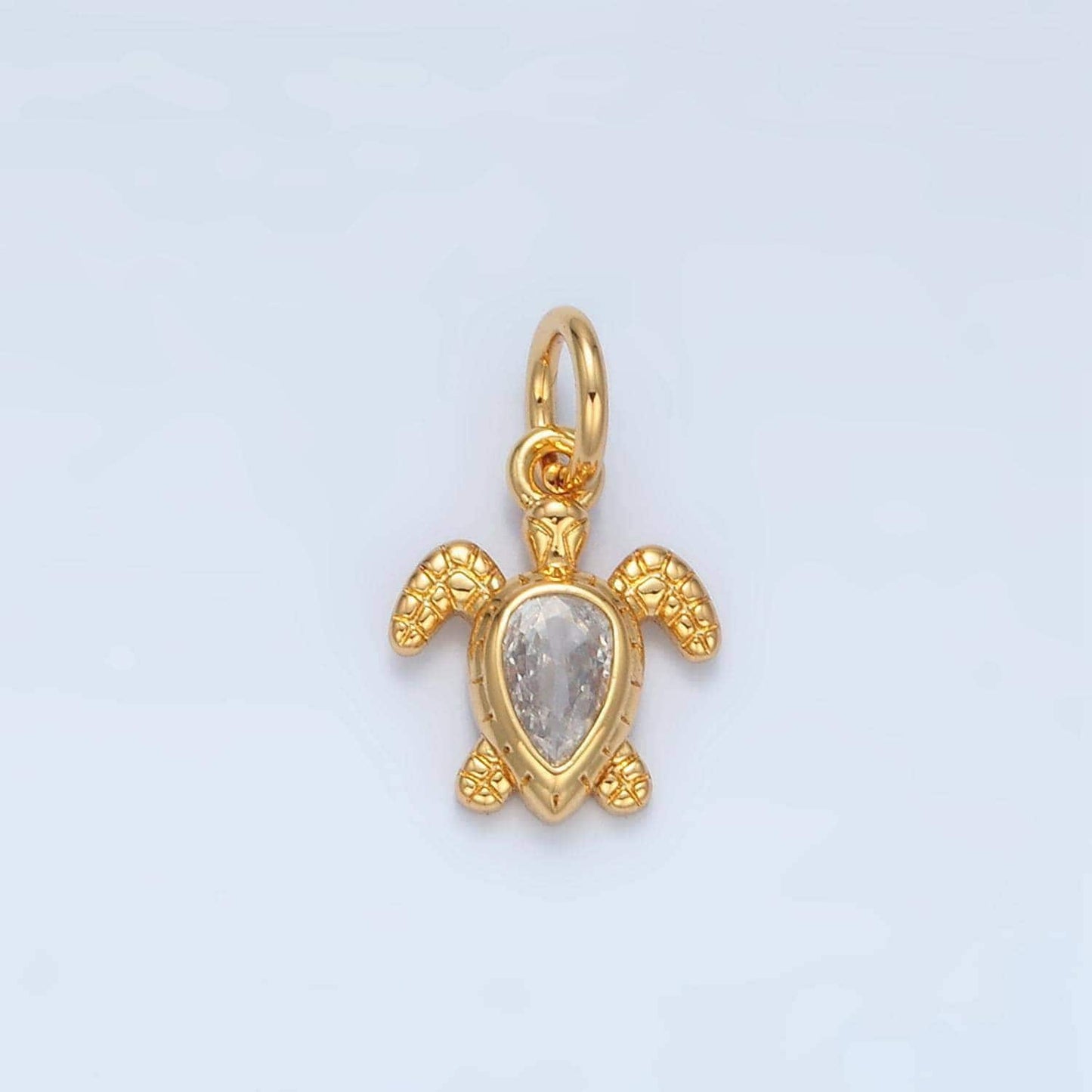 14k gold filled textured turtle, clear cz paved teardrop charm | ag-887