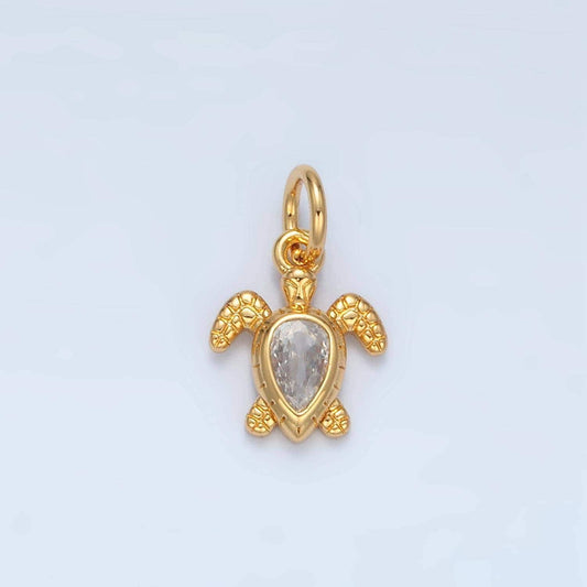 14k gold filled textured turtle, clear cz paved teardrop charm | ag-887