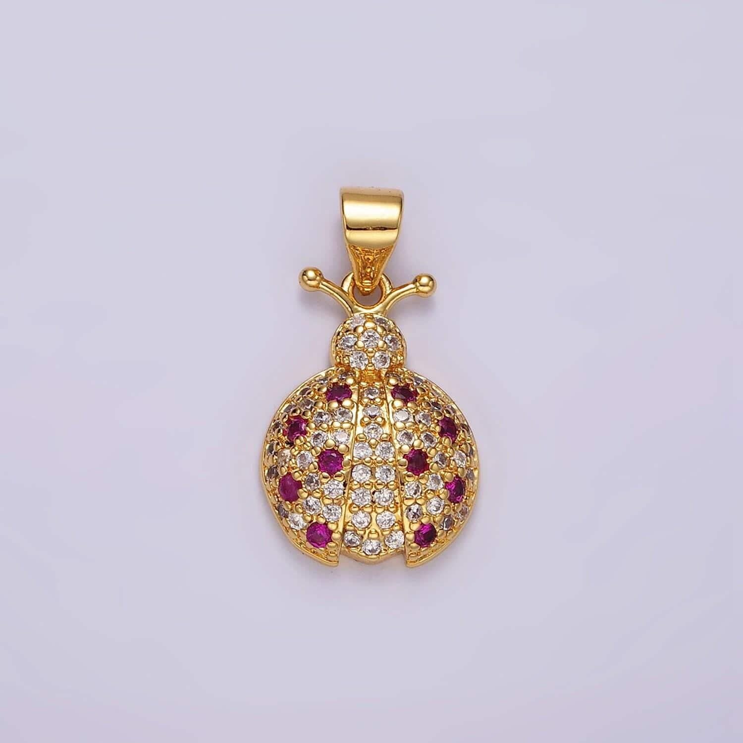 14k gold filled fuchsia micro paved cz ladybug insect animal pendant in gold & silver | n1975 n1976