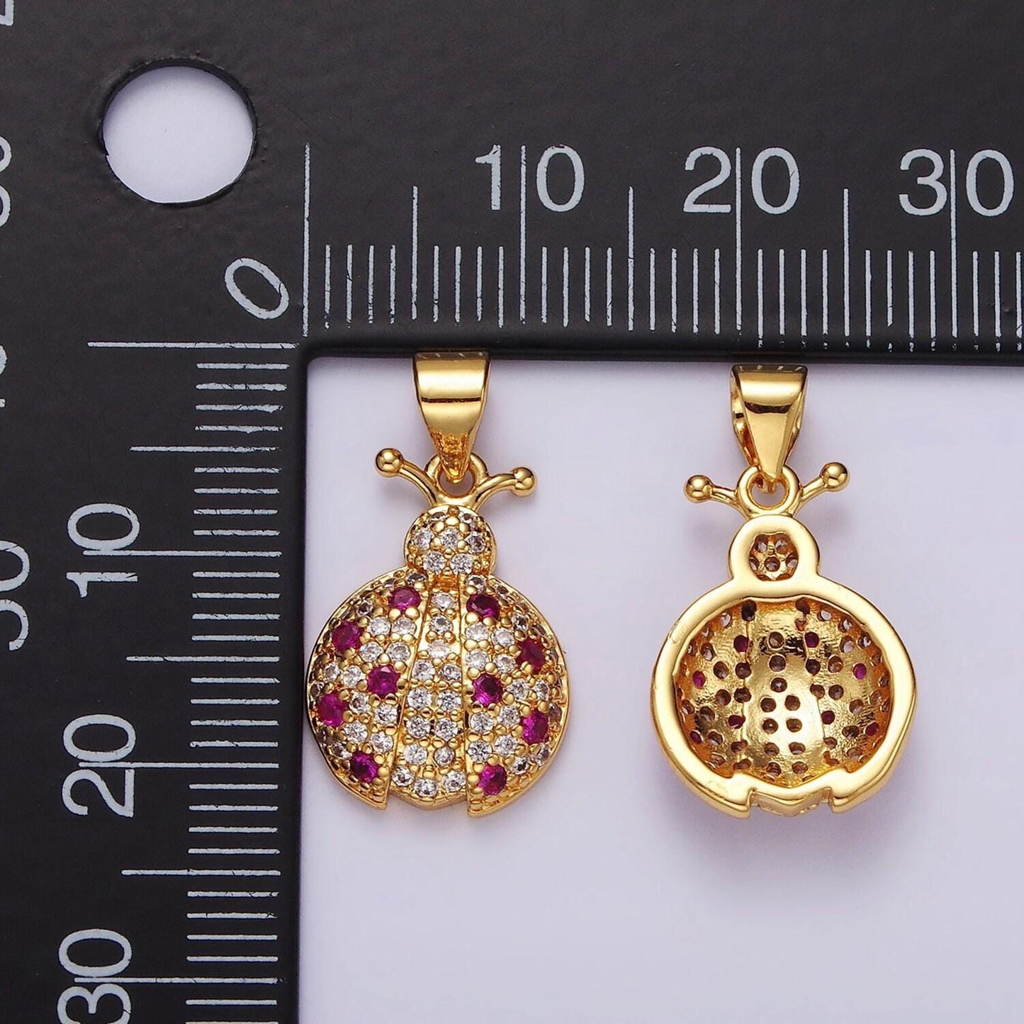 14k gold filled fuchsia micro paved cz ladybug insect animal pendant in gold & silver | n1975 n1976