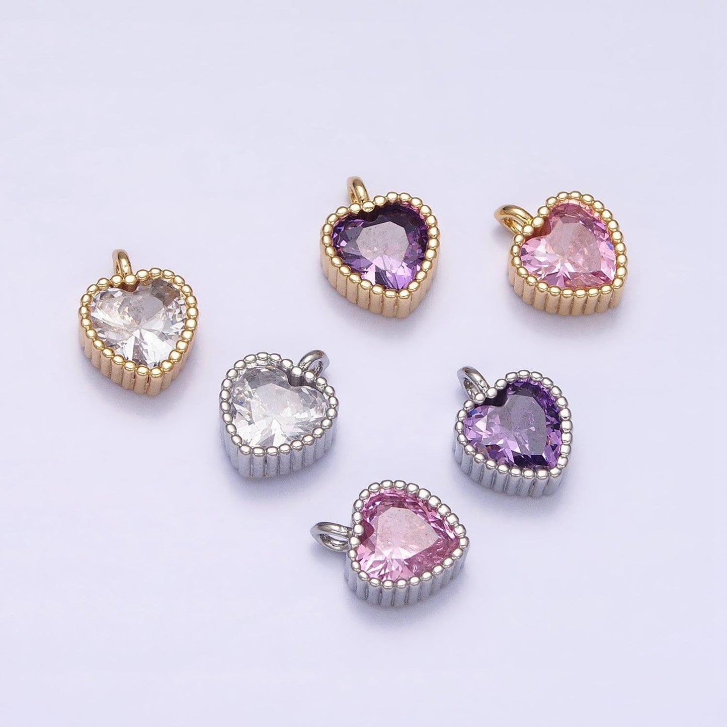 Tiny 16k gold filled heart charms cubic zirconia mini pink clear purple cz pendant wholesale bulk diy jewelry findings ac1258