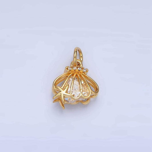 Open clam & starfish clear cz, 24k gold filled x-741