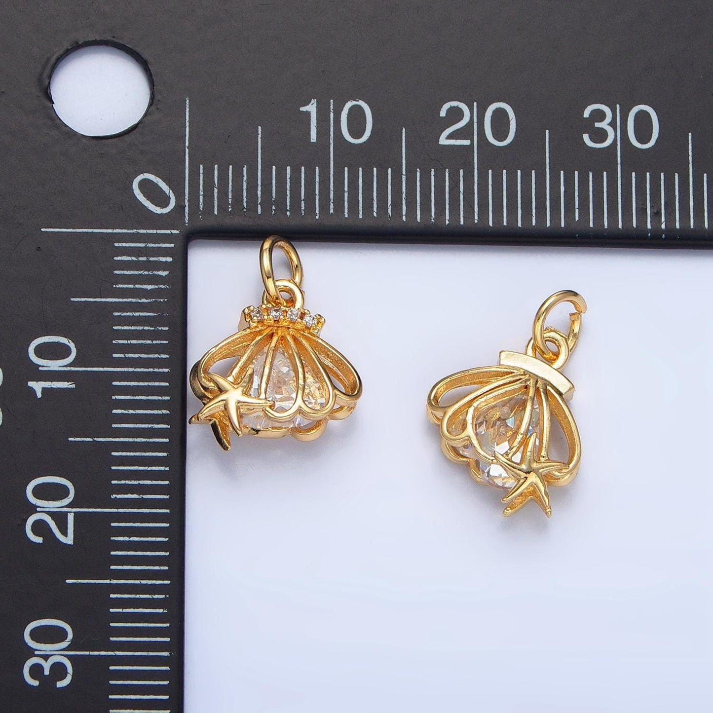 Open clam & starfish clear cz, 24k gold filled x-741