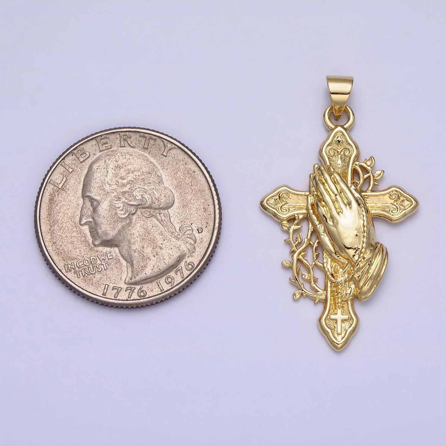 Gold praying hand charm with cross pendant prayer pendant | diy pendant for necklace component handmade religious jewelry making aa158
