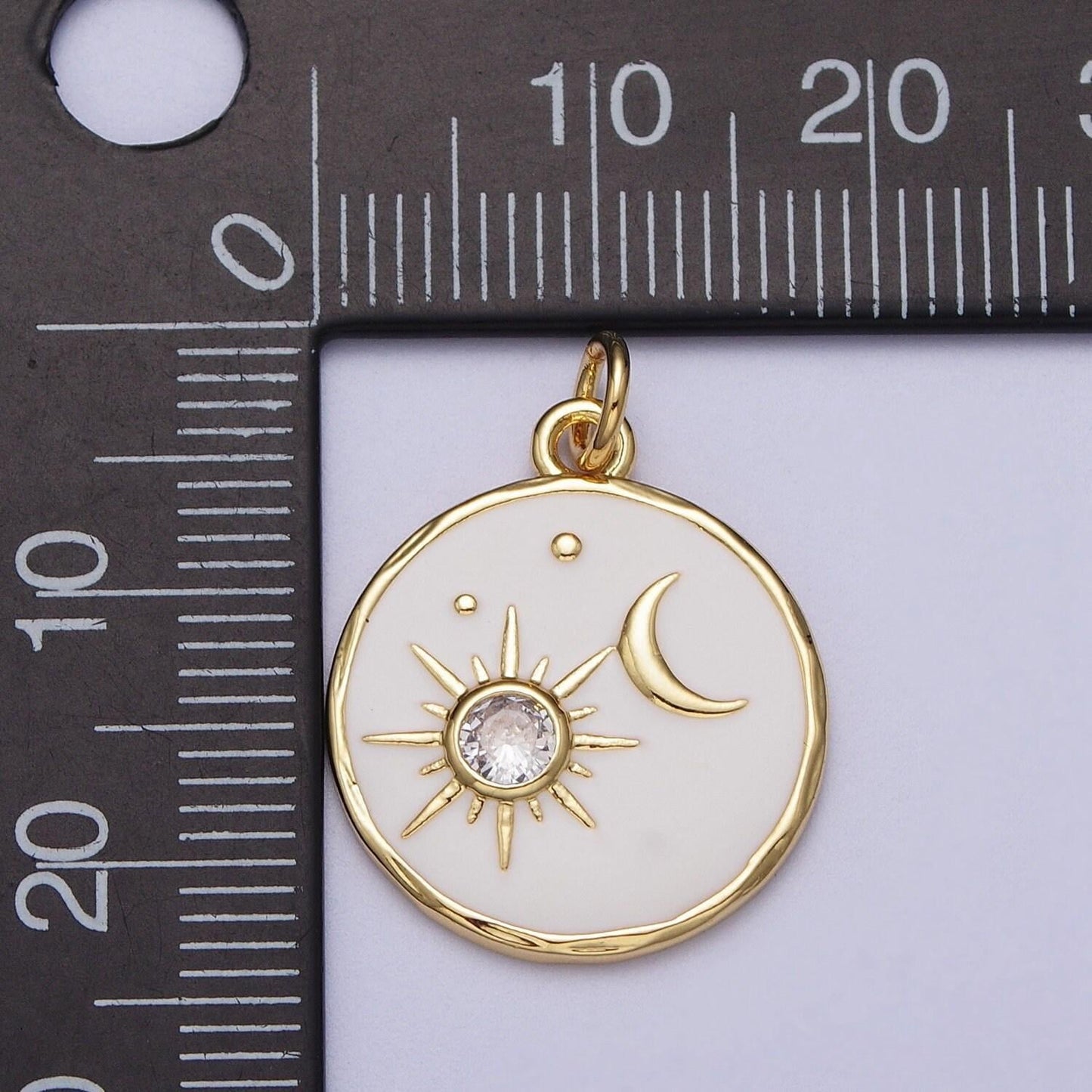 14k gold filled white enamel celestial sun crescent moon round coin charm | e651