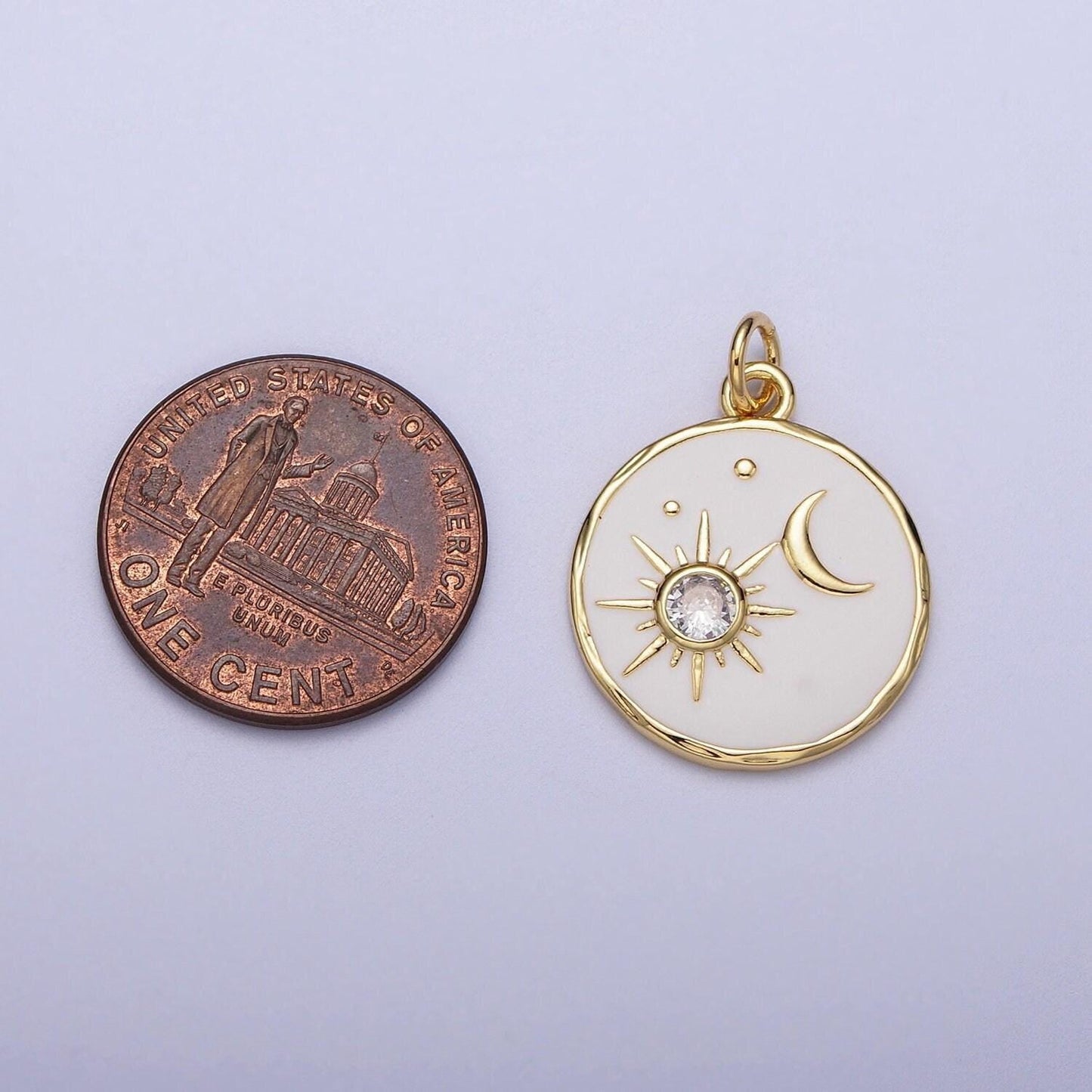 14k gold filled white enamel celestial sun crescent moon round coin charm | e651