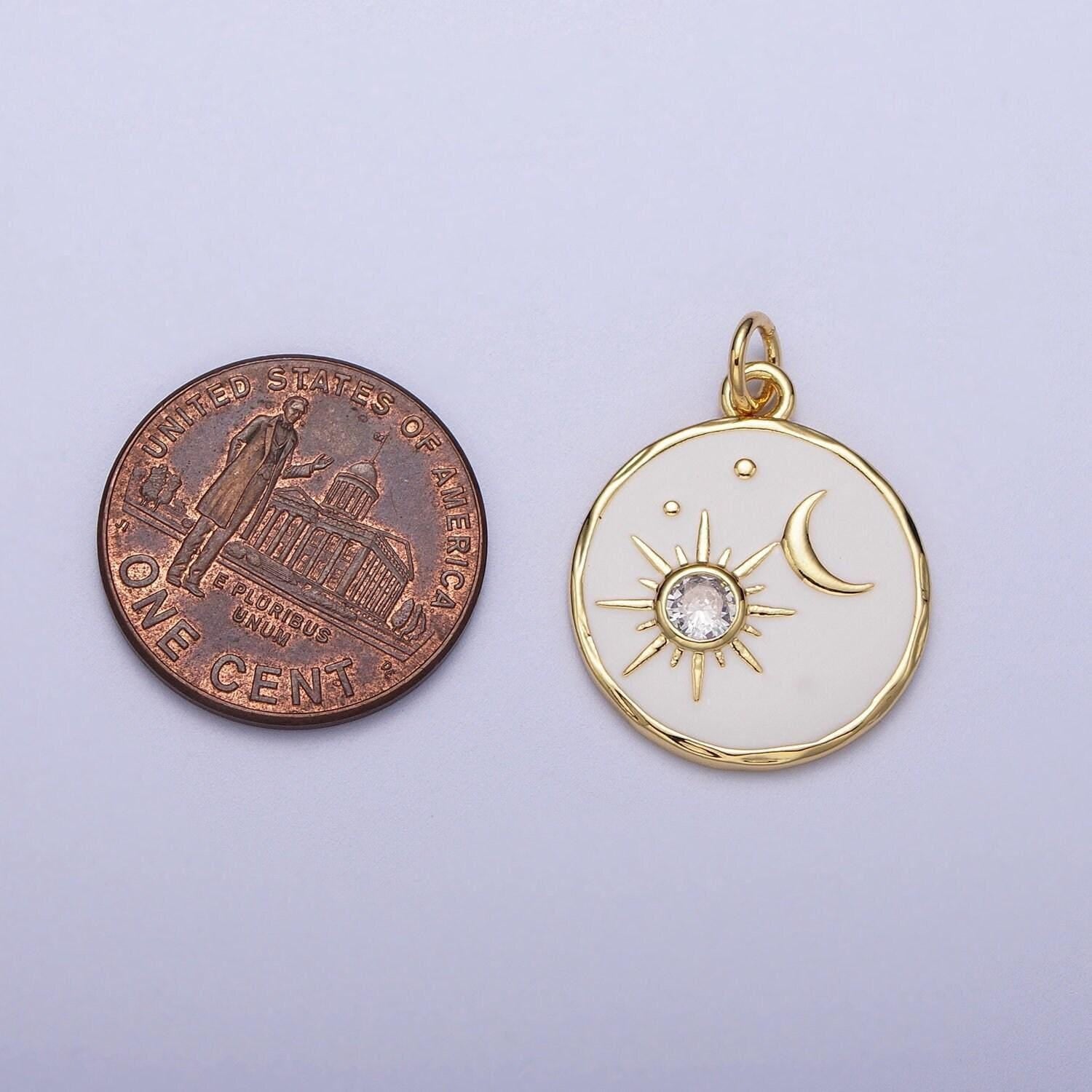 14k gold filled white enamel celestial sun crescent moon round coin charm | e651