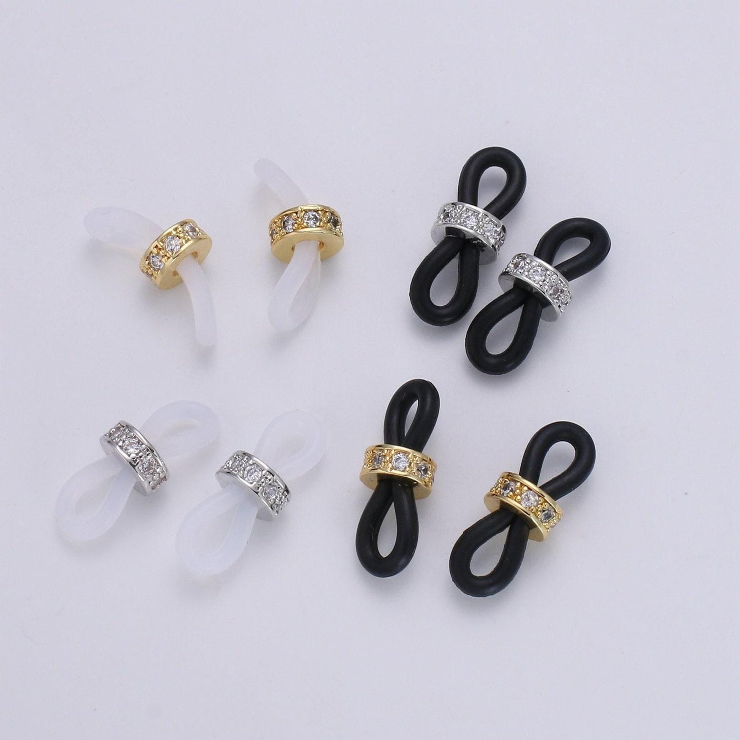 1 pair cubic pave 24k gold with silicon connector whitegold with silicon eyeglasses holder connector for craft supply. l194-l197