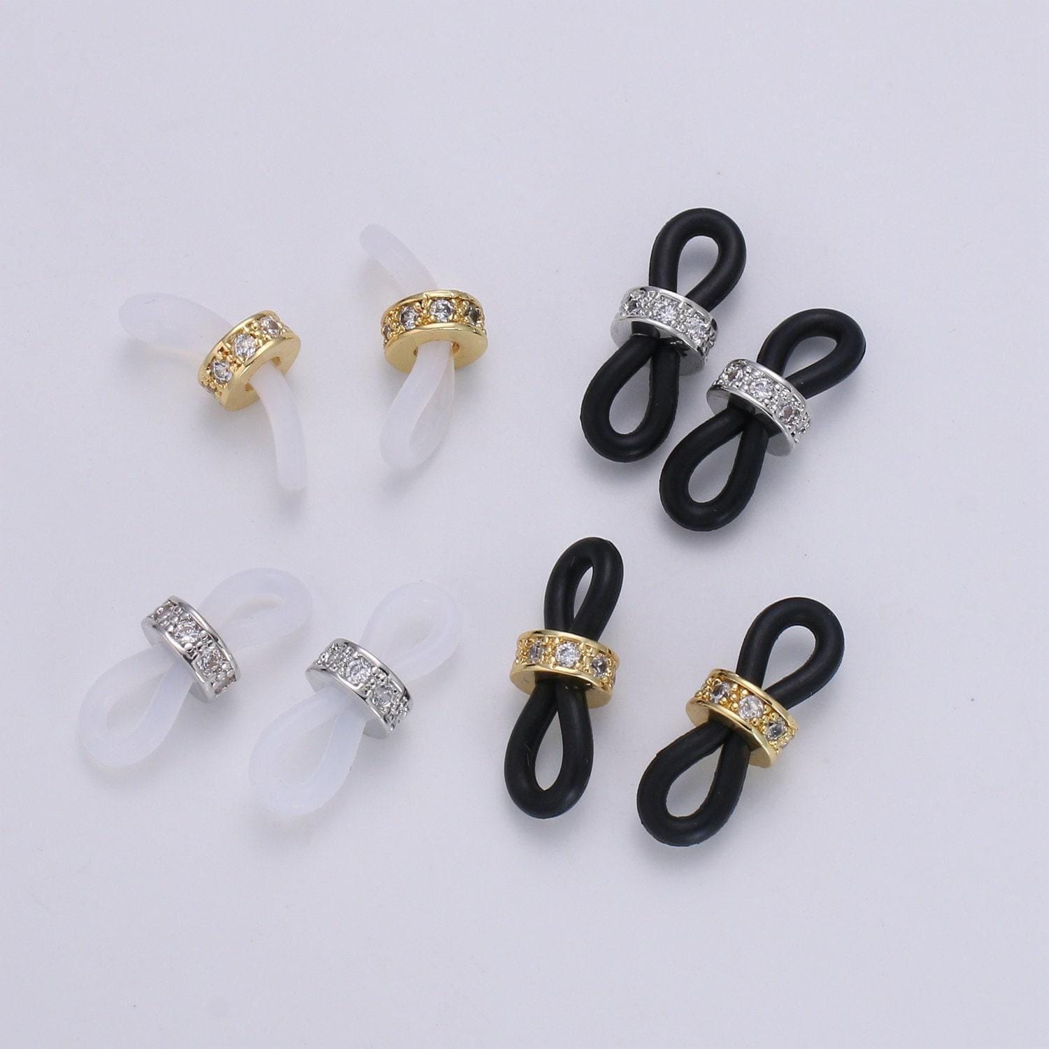 1 pair cubic pave 24k gold with silicon connector whitegold with silicon eyeglasses holder connector for craft supply. l194-l197