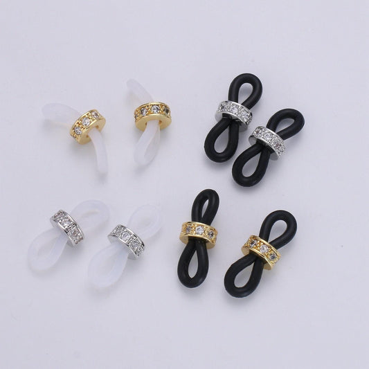 1 pair cubic pave 24k gold with silicon connector whitegold with silicon eyeglasses holder connector for craft supply. l194-l197
