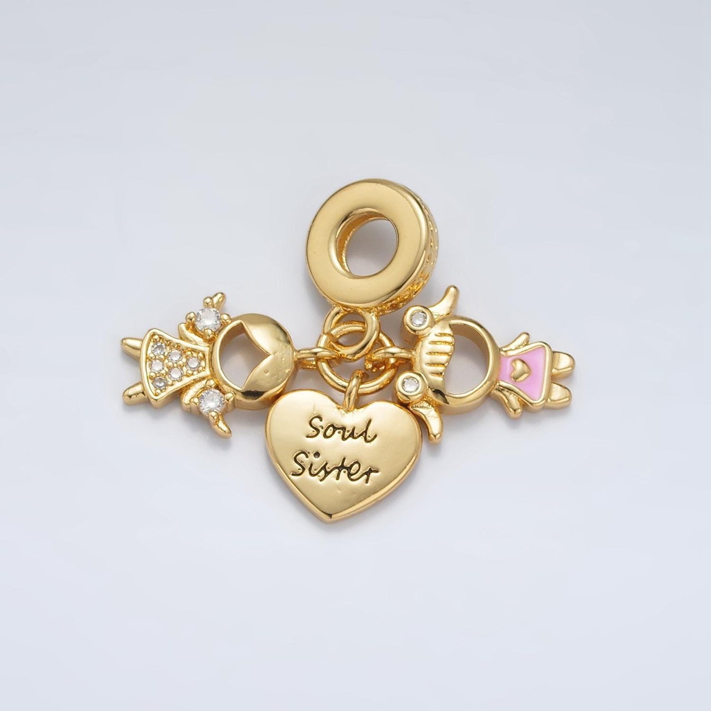 24k gold filled 'soul sister" engraved heart, cz sisters, sibling theme rondelle bail drop pendant | ac-085