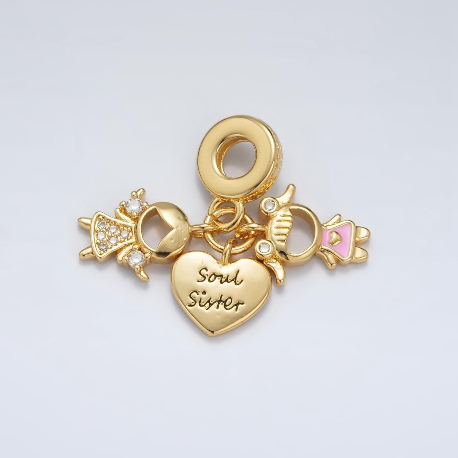 24k gold filled 'soul sister" engraved heart, cz sisters, sibling theme rondelle bail drop pendant | ac-085