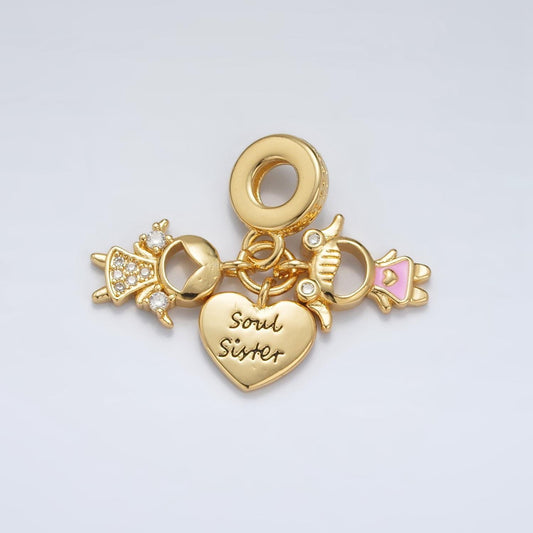 24k gold filled 'soul sister" engraved heart, cz sisters, sibling theme rondelle bail drop pendant | ac-085