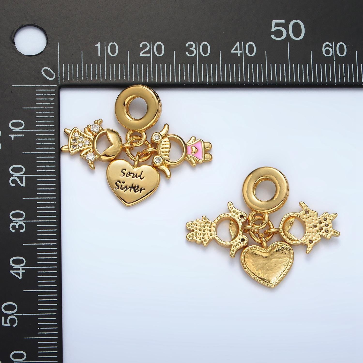 24k gold filled 'soul sister" engraved heart, cz sisters, sibling theme rondelle bail drop pendant | ac-085