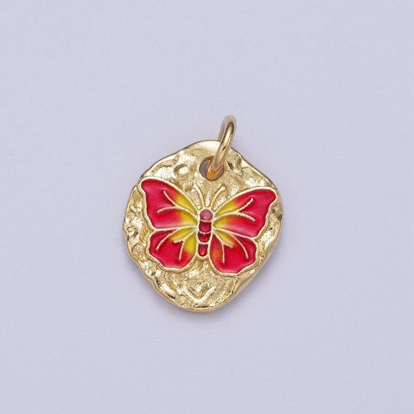 Cute gold butterflies abstract shaped pendant, 24k gold plated colorful enamel mariposa butterfly textured hammered medallion charm