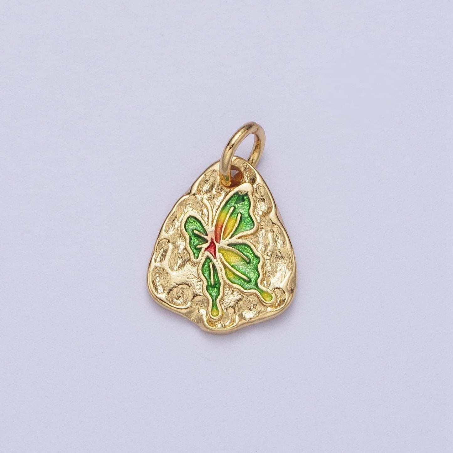 Cute gold butterflies abstract shaped pendant, 24k gold plated colorful enamel mariposa butterfly textured hammered medallion charm