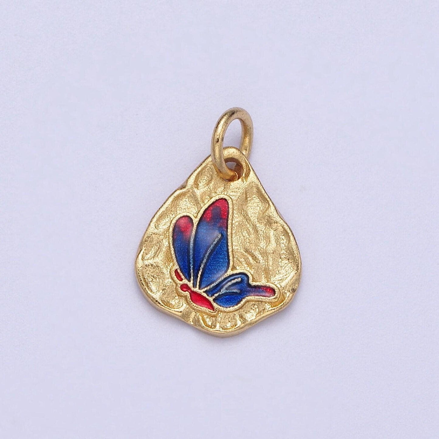Cute gold butterflies abstract shaped pendant, 24k gold plated colorful enamel mariposa butterfly textured hammered medallion charm