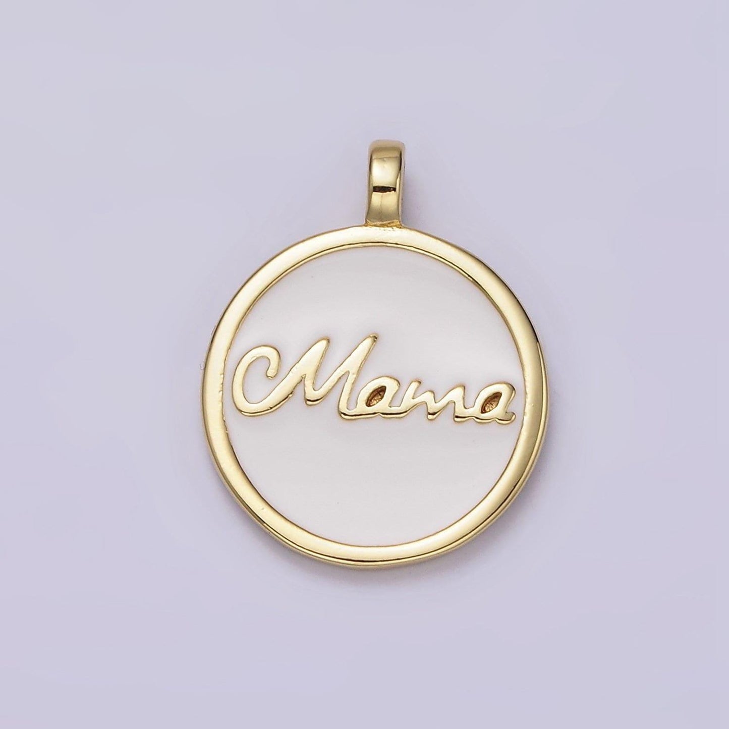 24k gold filled "mama" script white enamel round medallion charm | ac1422