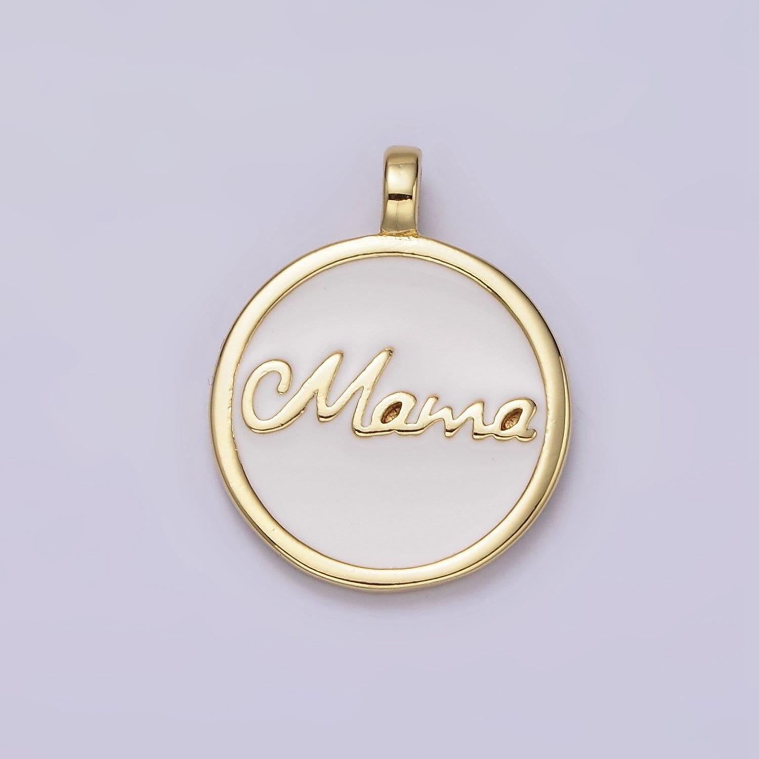 24k gold filled "mama" script white enamel round medallion charm | ac1422