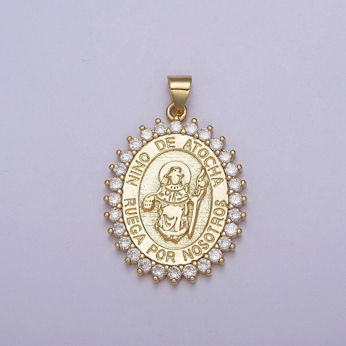 Micro pave nino de atocha religious medal oval religious medallion pendant santo jewelry, h-894