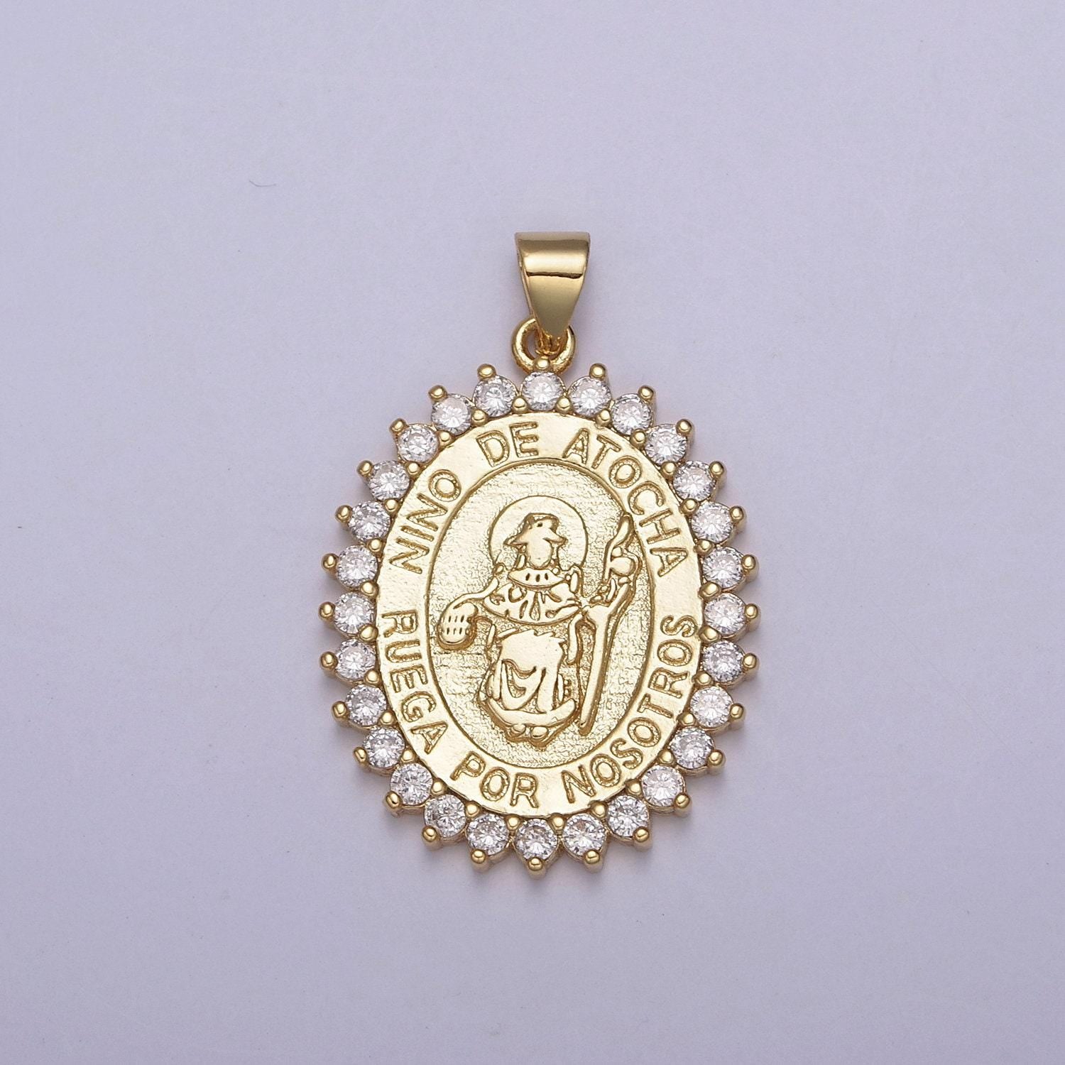 Micro pave nino de atocha religious medal oval religious medallion pendant santo jewelry, h-894
